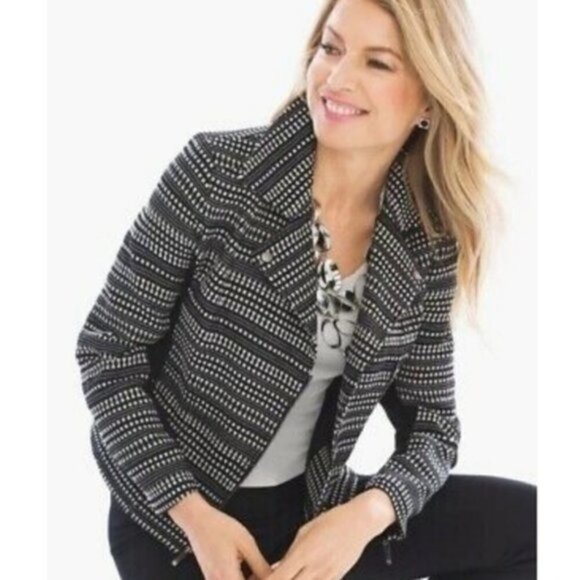 Chico's | Black & White Asymmetrical Zip Moto Jacket - Picture 3 of 10